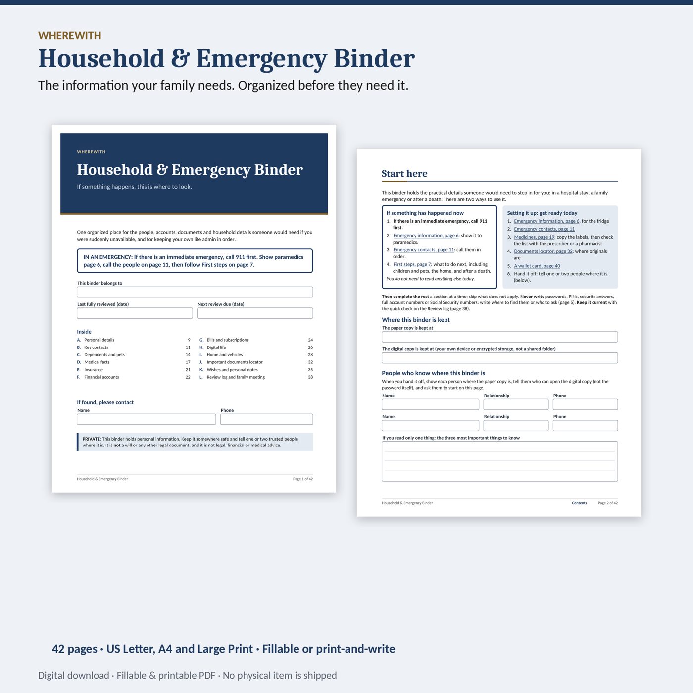 Household Binder cover and Start here page