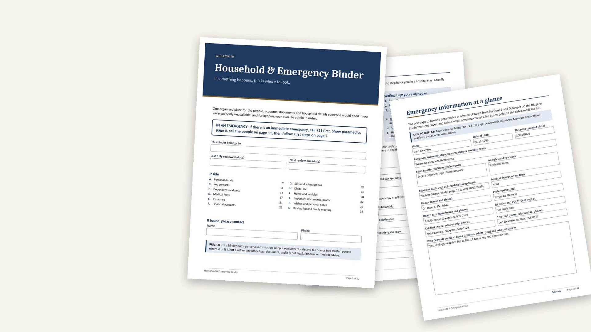 Household Binder cover, Start here page and a filled emergency page fanned out on a table